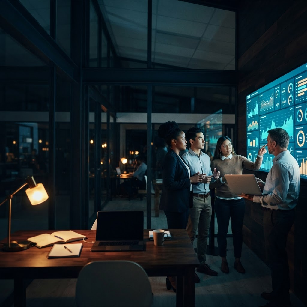 Operations team collaborating around a business dashboard